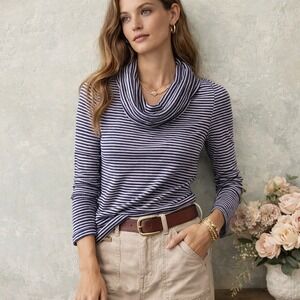 NWT Pure + Good Anthropologie Striped Cowl Neck Long Sleeve Top Blue XS‎ NEW